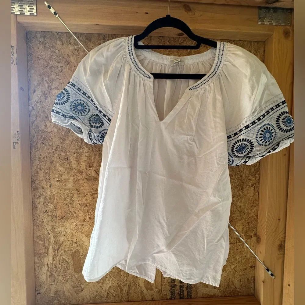St. John's Bay White Blouse with Blue Embroidery
